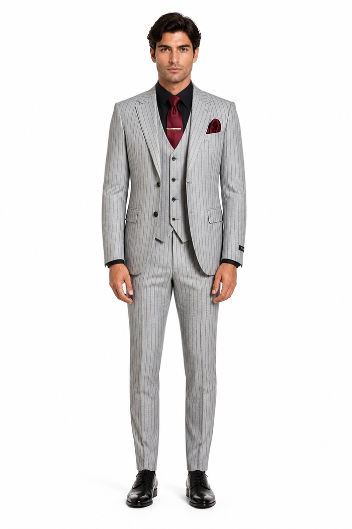 Mens 3-Piece Light Grey Pinstripe Suit with Vest Classic Business, Wedding, and Formal Attire