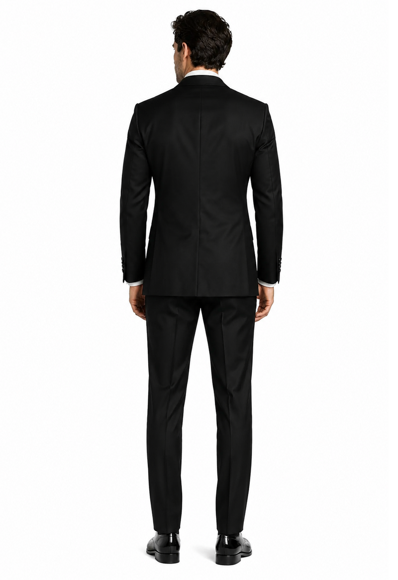 Mens Black Double-Breasted Tuxedo - Classic Shawl Lapel Suit with Gold Buttons for Weddings, Galas, and Black Tie Events