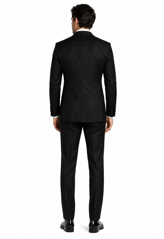 Mens Black Double-Breasted Tuxedo - Classic Shawl Lapel Suit with Gold Buttons for Weddings, Galas, and Black Tie Events