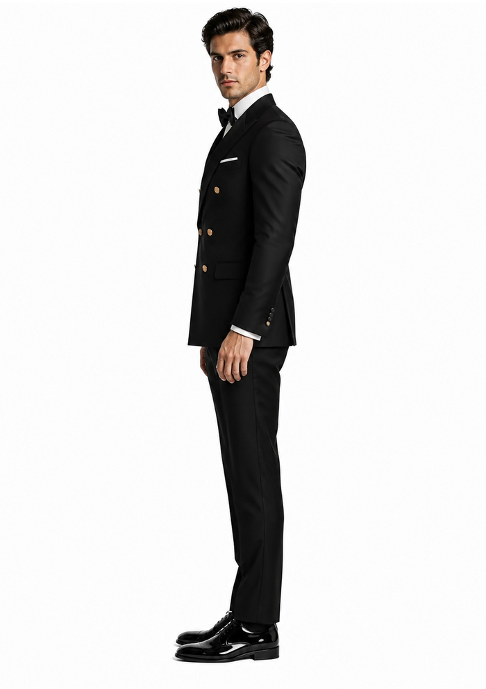 Mens Black Double-Breasted Tuxedo - Classic Shawl Lapel Suit with Gold Buttons for Weddings, Galas, and Black Tie Events