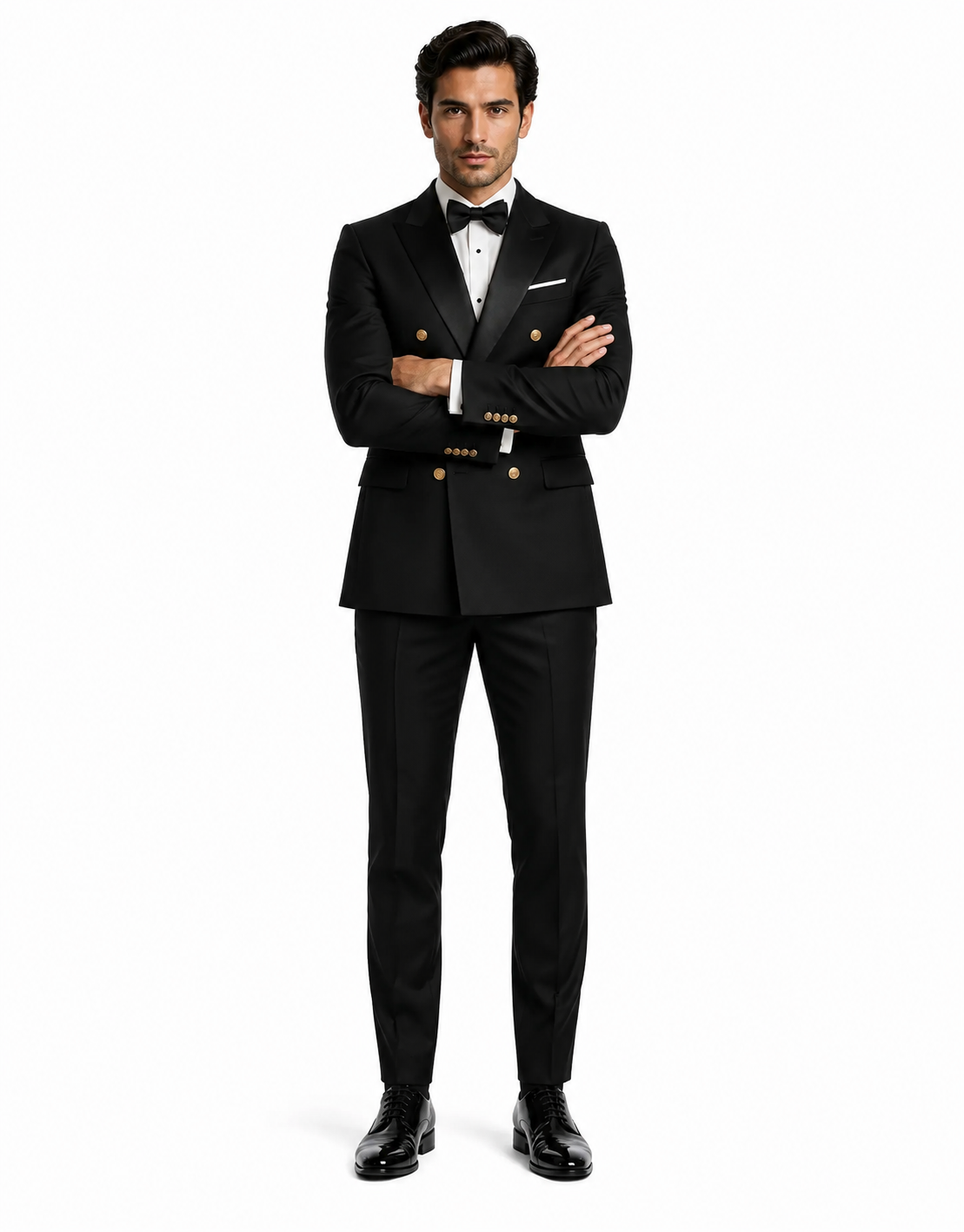 Mens Black Double-Breasted Tuxedo - Classic Shawl Lapel Suit with Gold Buttons for Weddings, Galas, and Black Tie Events