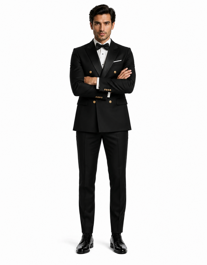 Mens Black Double-Breasted Tuxedo - Classic Shawl Lapel Suit with Gold Buttons for Weddings, Galas, and Black Tie Events