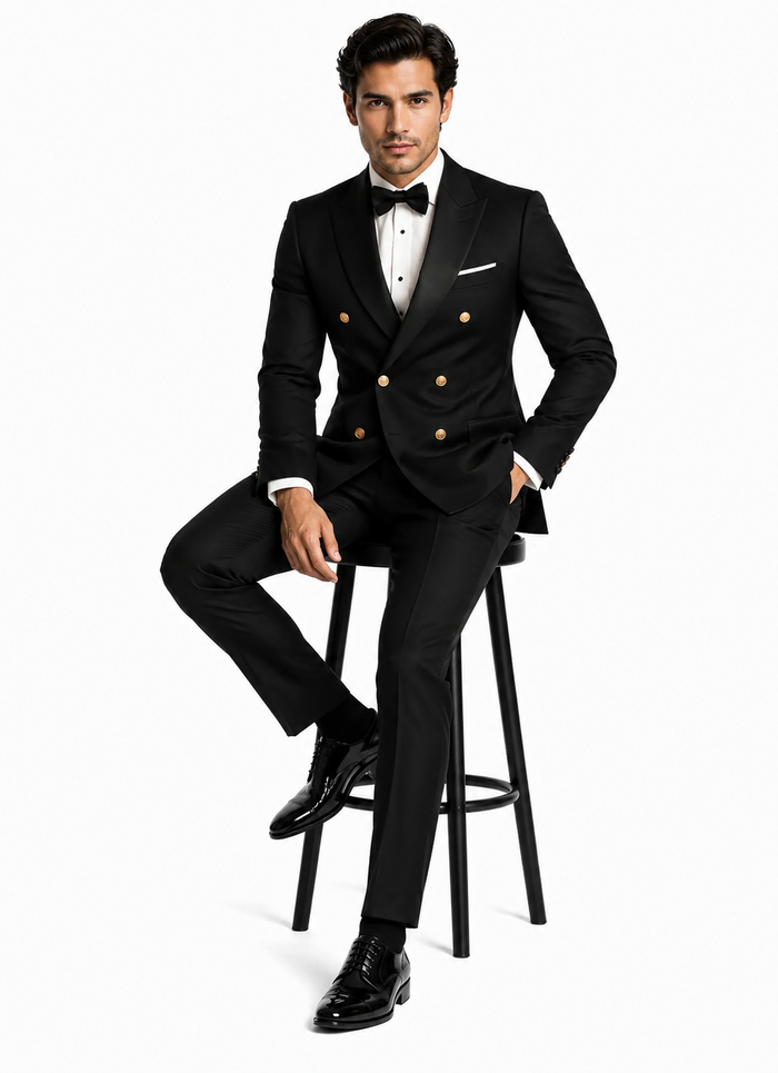 Mens Black Double-Breasted Tuxedo - Classic Shawl Lapel Suit with Gold Buttons for Weddings, Galas, and Black Tie Events