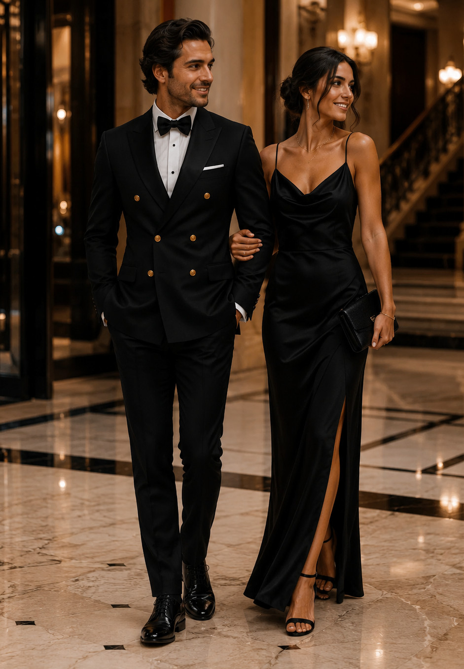 Mens Black Double-Breasted Tuxedo - Classic Shawl Lapel Suit with Gold Buttons for Weddings, Galas, and Black Tie Events