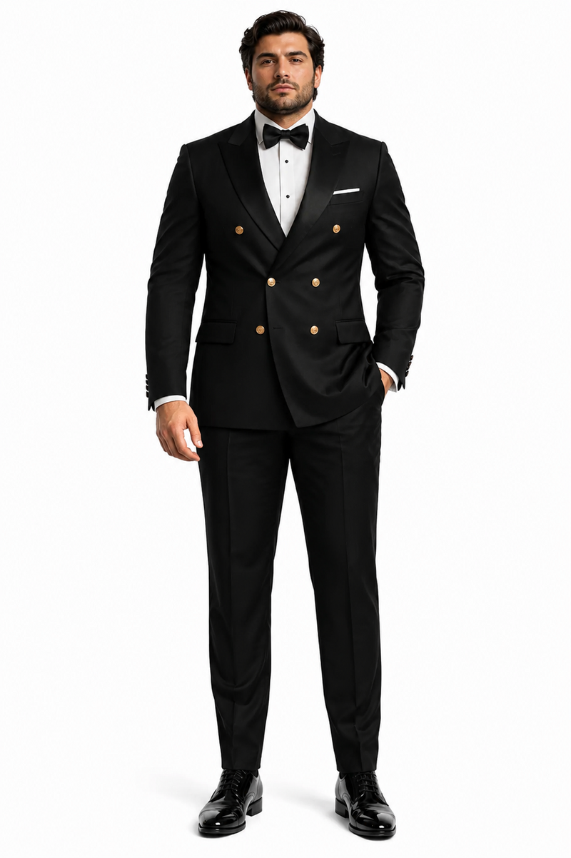 Mens Black Double-Breasted Tuxedo - Classic Shawl Lapel Suit with Gold Buttons for Weddings, Galas, and Black Tie Events
