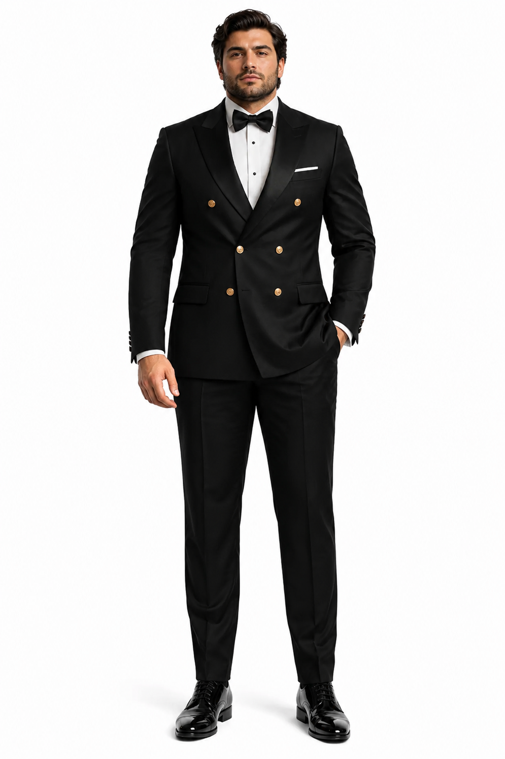 Mens Black Double-Breasted Tuxedo - Classic Shawl Lapel Suit with Gold Buttons for Weddings, Galas, and Black Tie Events