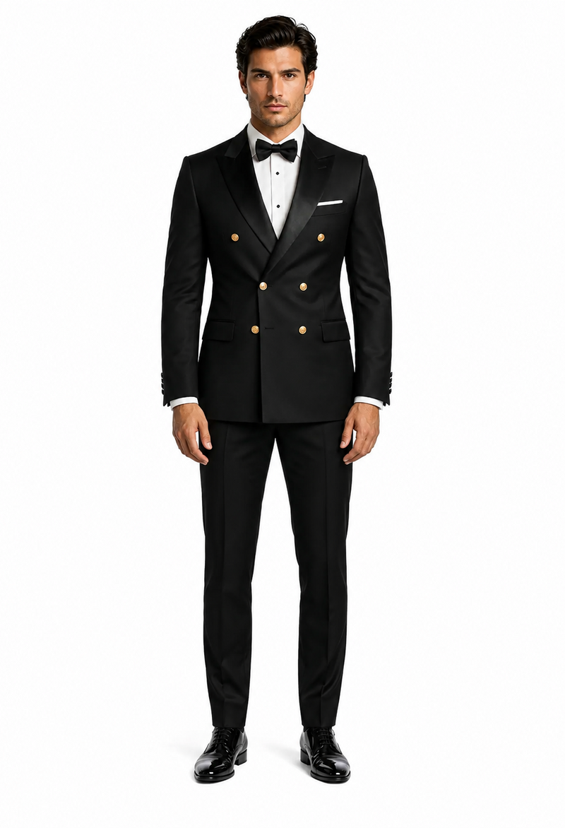 Mens Black Double-Breasted Tuxedo - Classic Shawl Lapel Suit with Gold Buttons for Weddings, Galas, and Black Tie Events