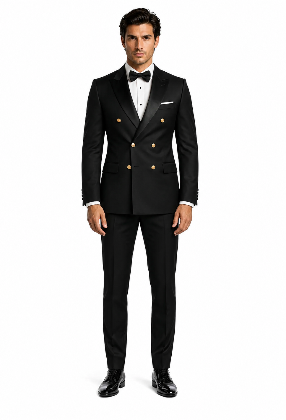 Mens Black Double-Breasted Tuxedo - Classic Shawl Lapel Suit with Gold Buttons for Weddings, Galas, and Black Tie Events
