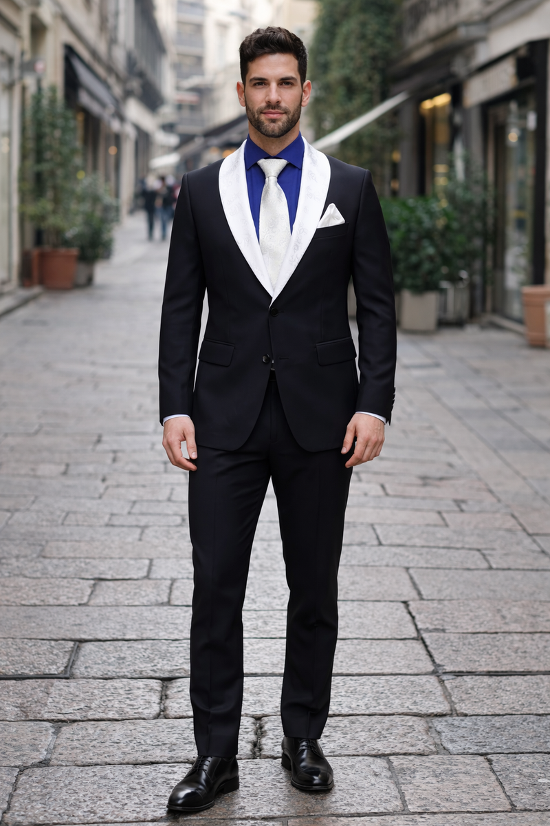 Men’s Black Formal Suit with White & Sky Blue Shawl Lapel – Modern Fit