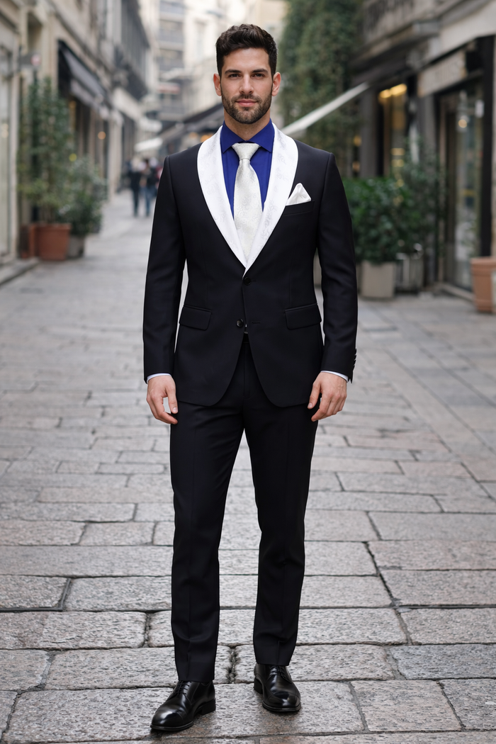 Men’s Black Formal Suit with White & Sky Blue Shawl Lapel – Modern Fit