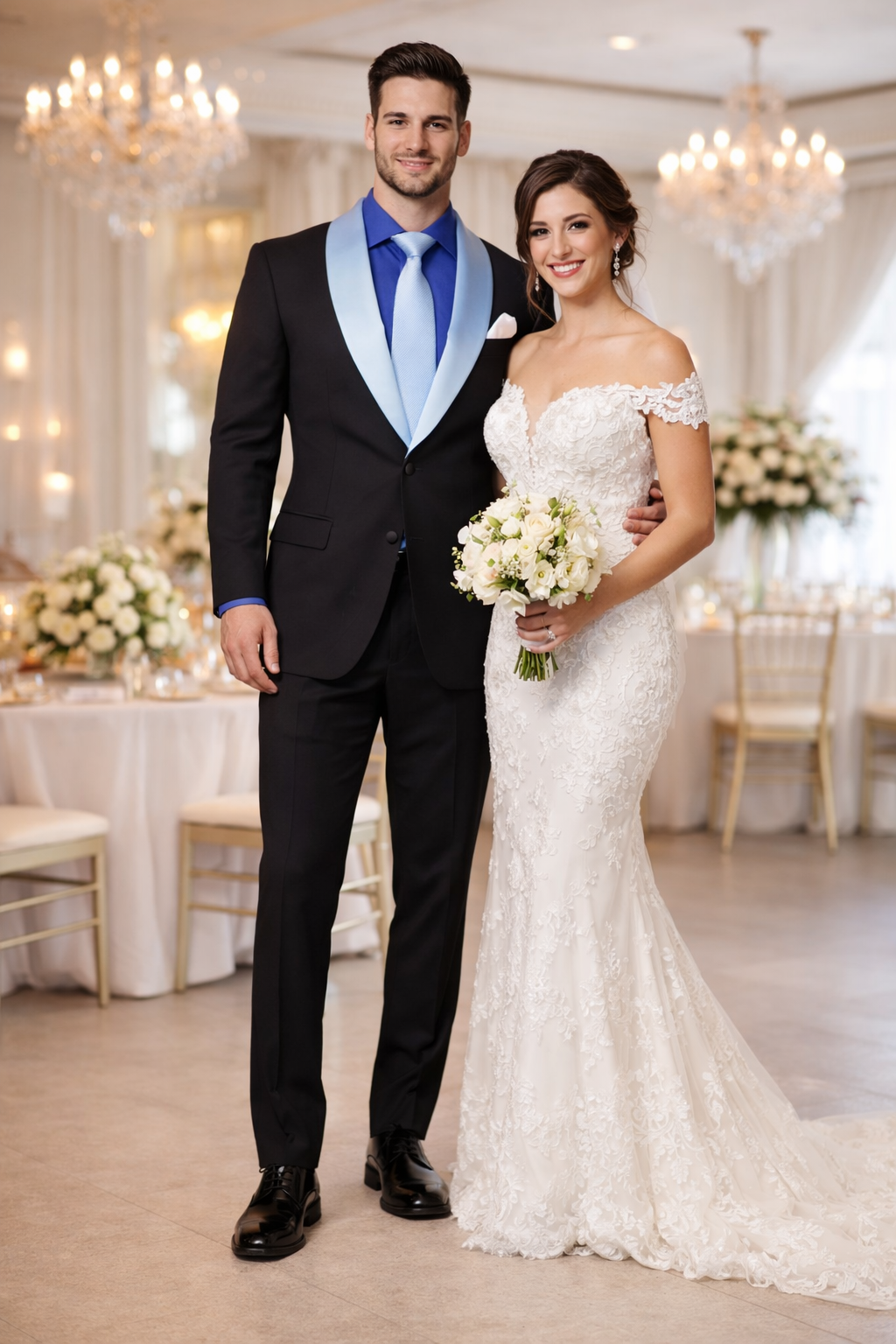 Men’s Black Formal Suit with White & Sky Blue Shawl Lapel – Modern Fit