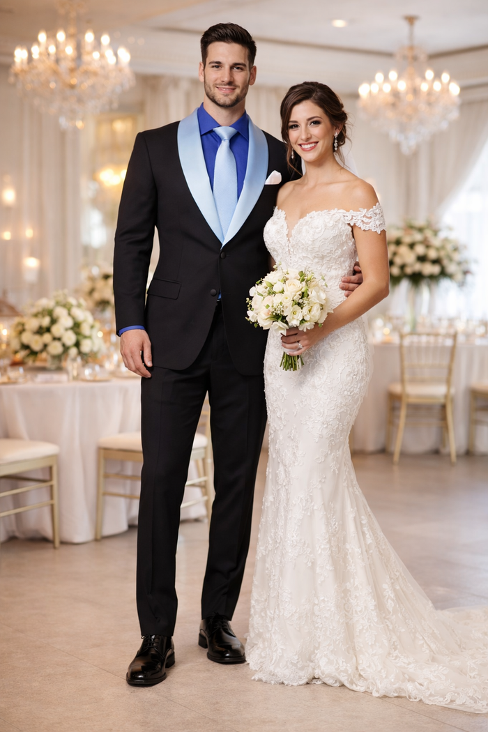 Men’s Black Formal Suit with White & Sky Blue Shawl Lapel – Modern Fit