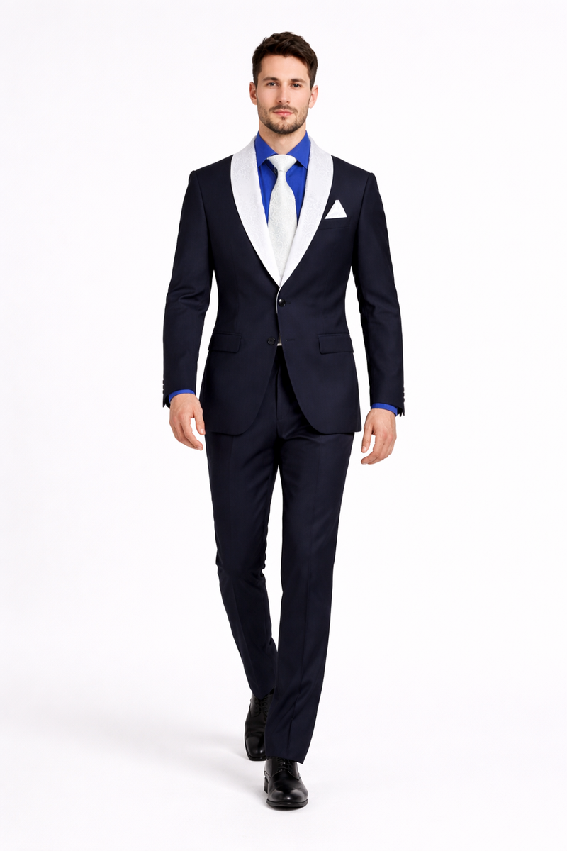 Men’s Black Formal Suit with White & Sky Blue Shawl Lapel – Modern Fit