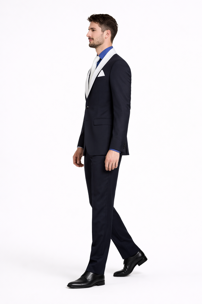 Men’s Black Formal Suit with White & Sky Blue Shawl Lapel – Modern Fit