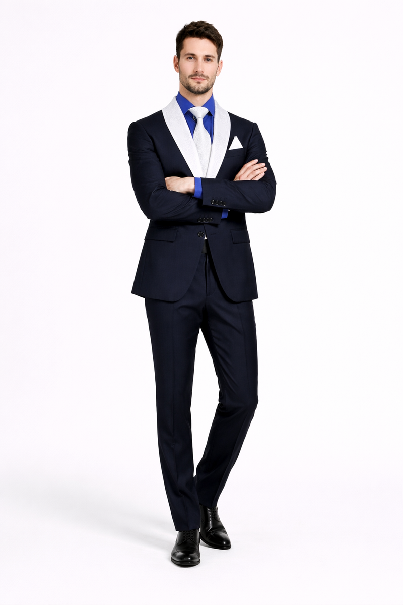 Men’s Black Formal Suit with White & Sky Blue Shawl Lapel – Modern Fit