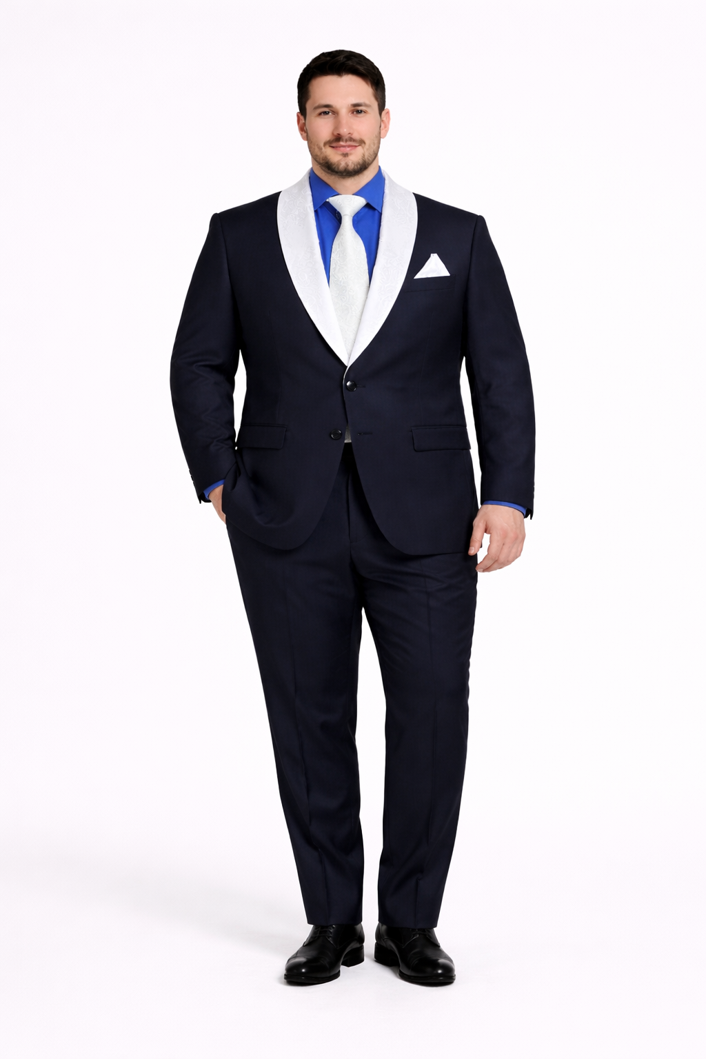 Men’s Black Formal Suit with White & Sky Blue Shawl Lapel – Modern Fit