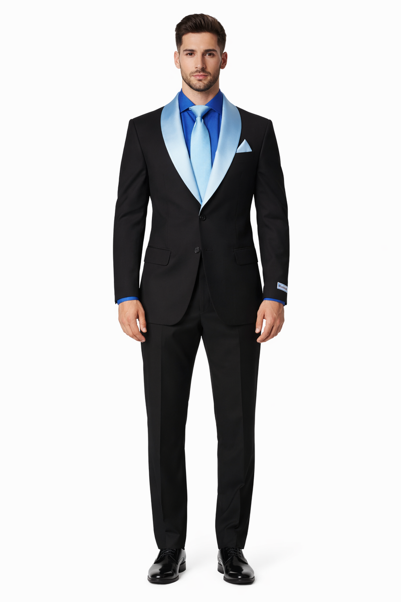 Men’s Black Formal Suit with White & Sky Blue Shawl Lapel – Modern Fit