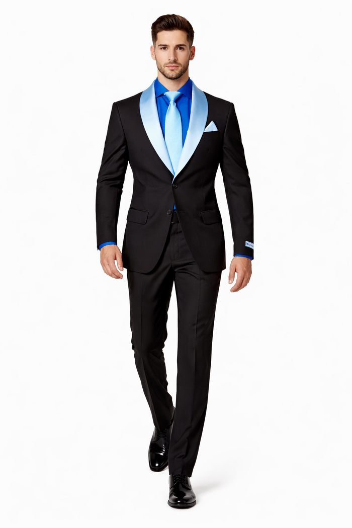 Men’s Black Formal Suit with White & Sky Blue Shawl Lapel – Modern Fit
