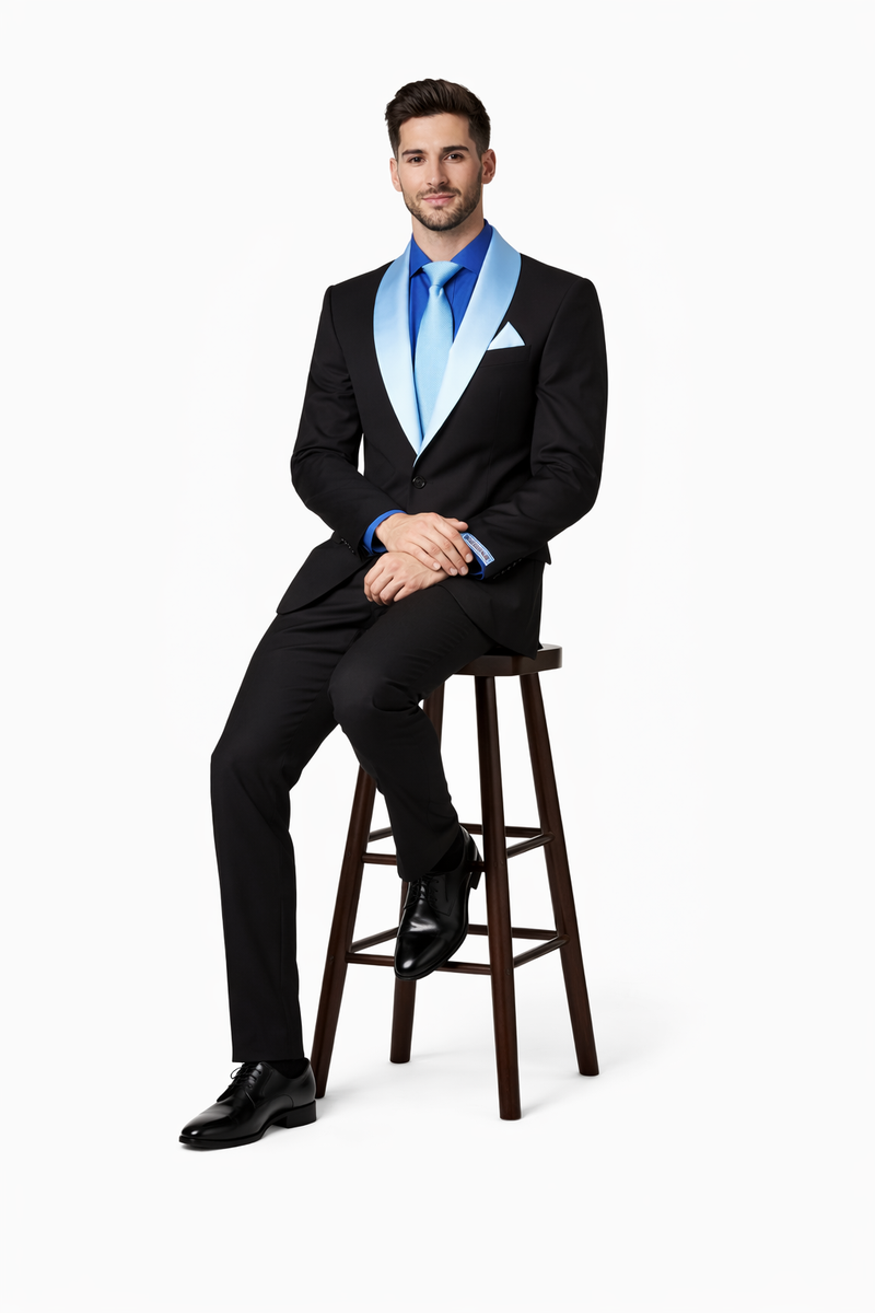 Men’s Black Formal Suit with White & Sky Blue Shawl Lapel – Modern Fit