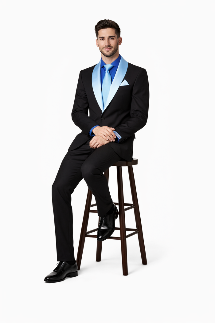 Men’s Black Formal Suit with White & Sky Blue Shawl Lapel – Modern Fit