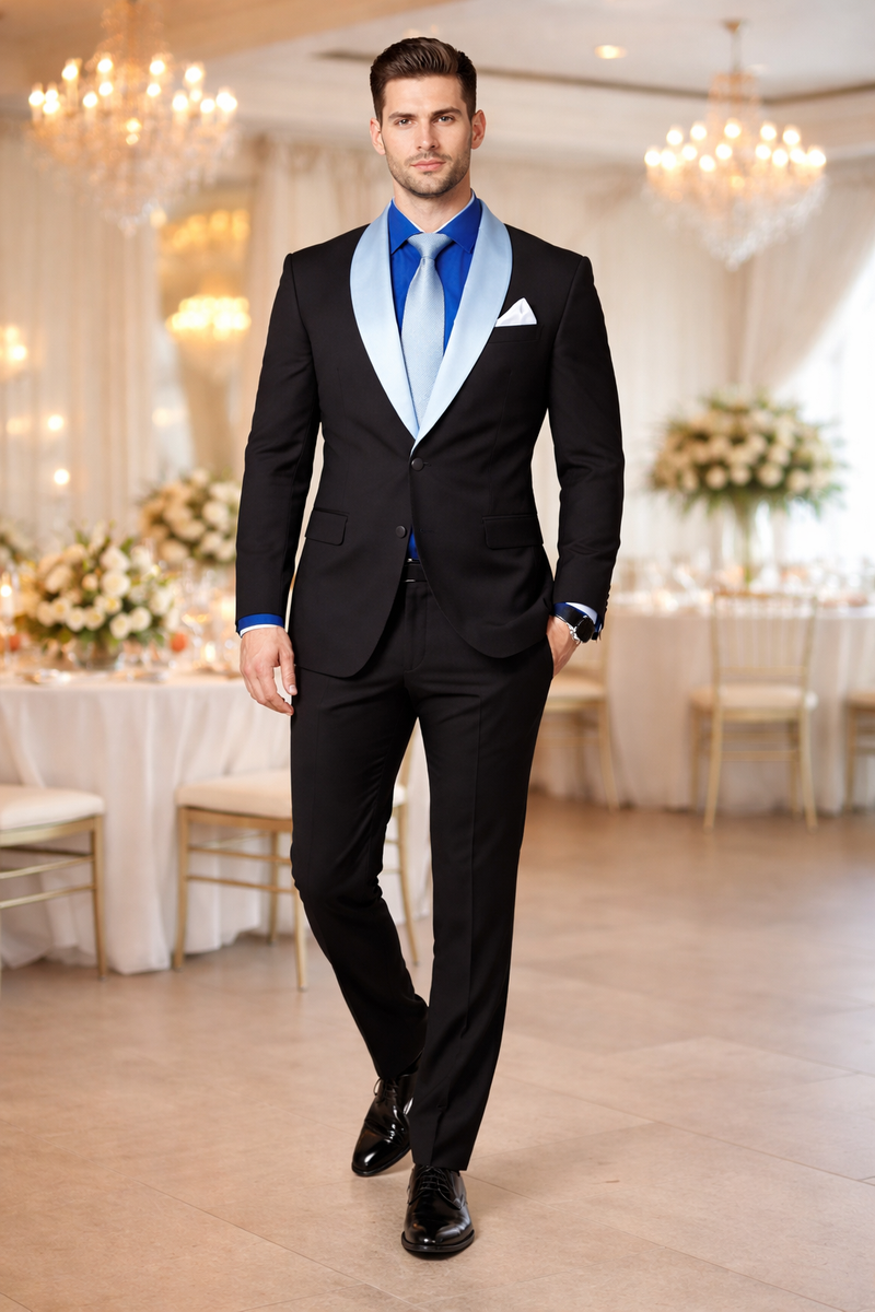 Men’s Black Formal Suit with White & Sky Blue Shawl Lapel – Modern Fit