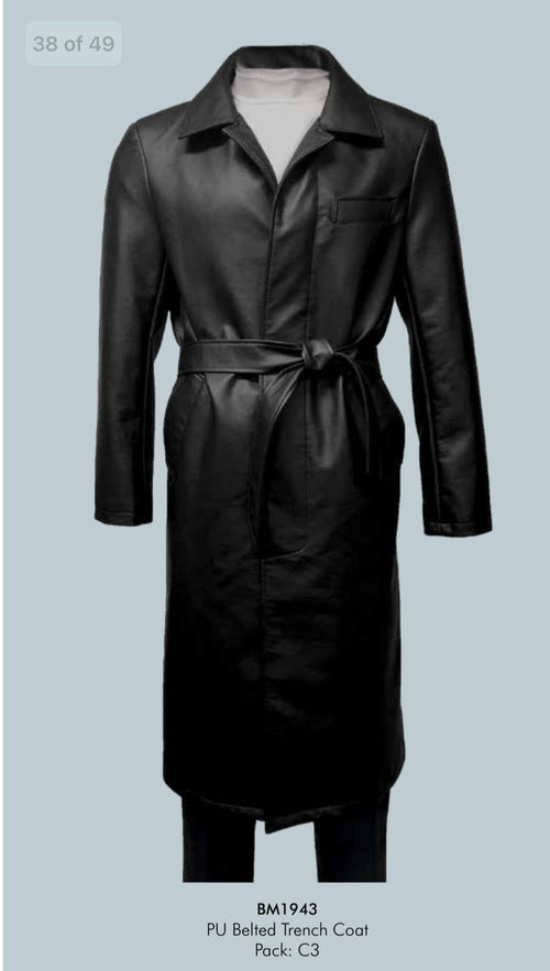 Men's black PU trench coat. Full-length, collared, long-sleeved, belted waist. Leather-like, shiny material. Single chest pocket. Classic, stylish design.
