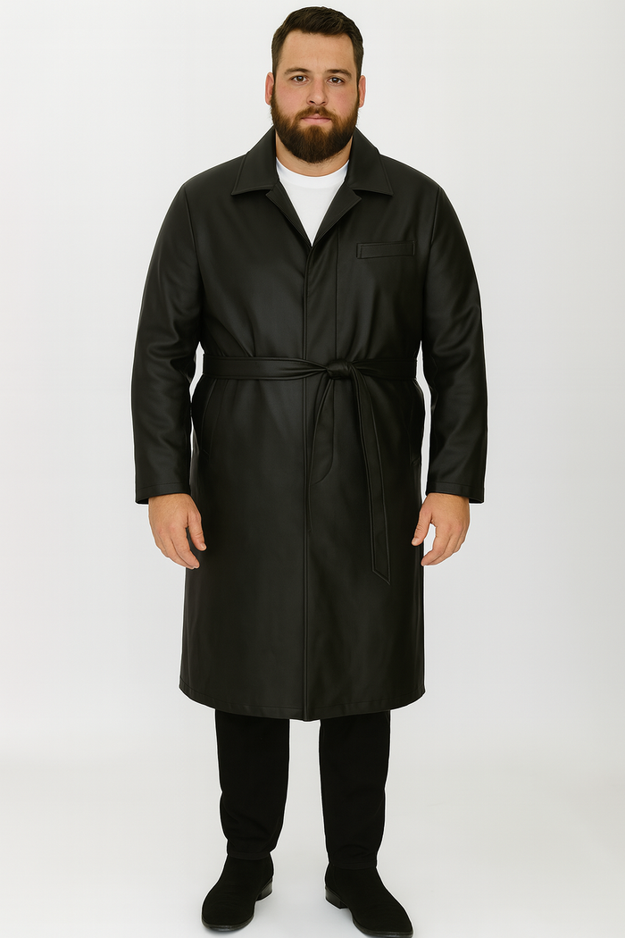 Men's black PU belted trench coat. Full-length, straight silhouette. Synthetic leather. Waist belt, classic collar, chest pocket. Long sleeves, hem above ankles.
