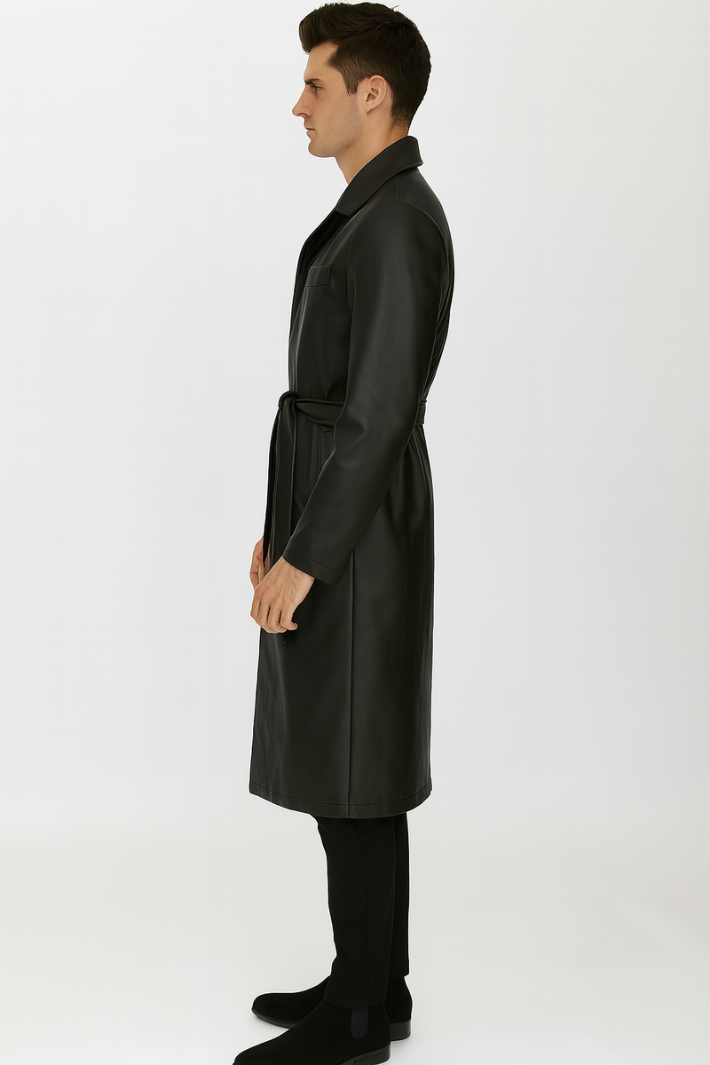 Men's black PU trench coat. Synthetic leather. Full-length, smooth, sleek. Belted waist, classic collar, long sleeves tapering at cuffs.
