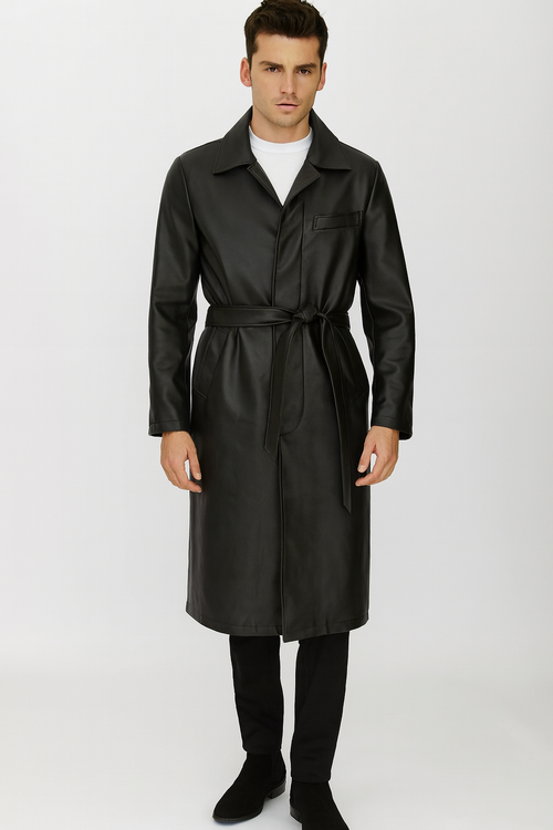 Men's black PU trench coat with a leather-like texture. Long, full-length design. Features a collar, front pocket, and a tie belt at the waist.
