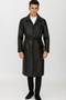 Men's black PU trench coat with a leather-like texture. Long, full-length design. Features a collar, front pocket, and a tie belt at the waist.
