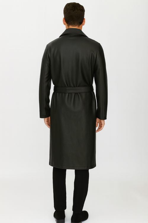 Men's black PU trench coat: Long, structured silhouette with wide collar. Made from smooth, leather-like synthetic. Belted waist, long sleeves. Mid-calf length, plain back.
