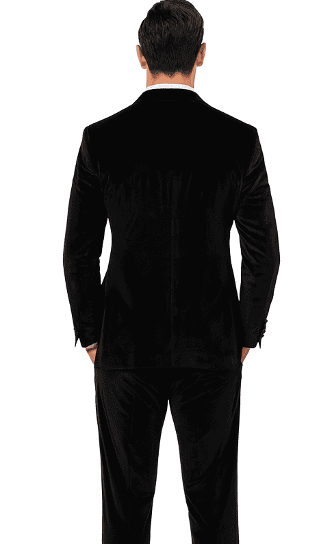 Tazzio men's black velvet 2-piece suit with slim fit and peak lapel. Features jacket & matching pants, tailored silhouette, and smooth velvet texture. Classic, unembellished back.
