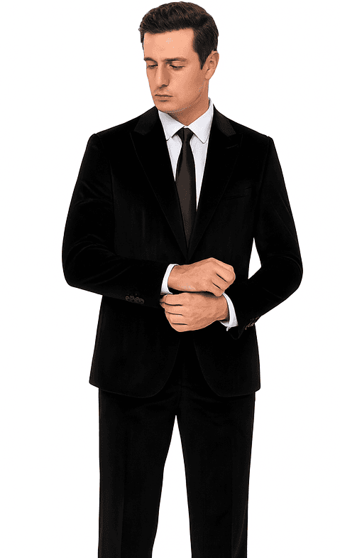 Tazzio men's black velvet two-piece suit. Peak lapel, slim fit. Smooth black velvet. Single-breasted, lined jacket. Straight-leg trousers. Classic black color throughout.
