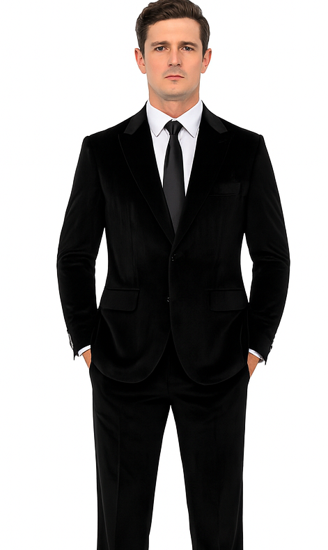 Tazzio men's black velvet 2-piece suit. Peak lapel, slim fit tuxedo. Features a single-button jacket with two pockets. Slim fit trousers complete the elegant ensemble.