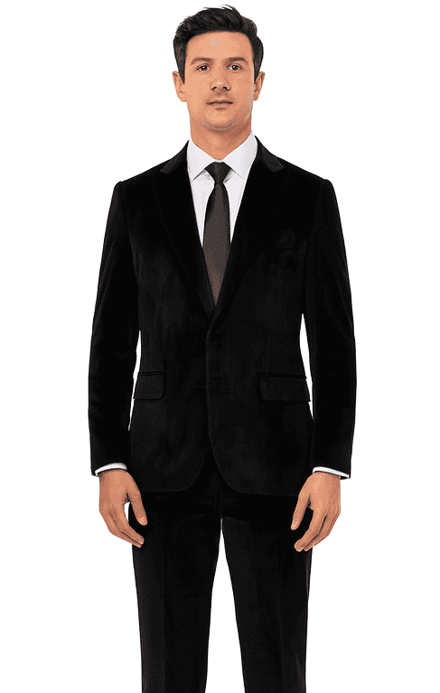 Tazzio men's black velvet 2-piece suit. Slim fit, peak lapel, deep black velvet. Jacket: two front pockets. Includes matching black trousers.
