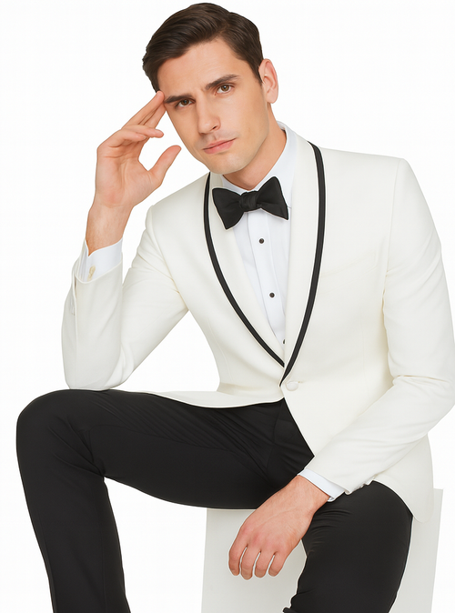 Mens  White and Black Trim Collar Dinner Jacket - Mens Evening jackets - Tuxedo Dinner Jacket