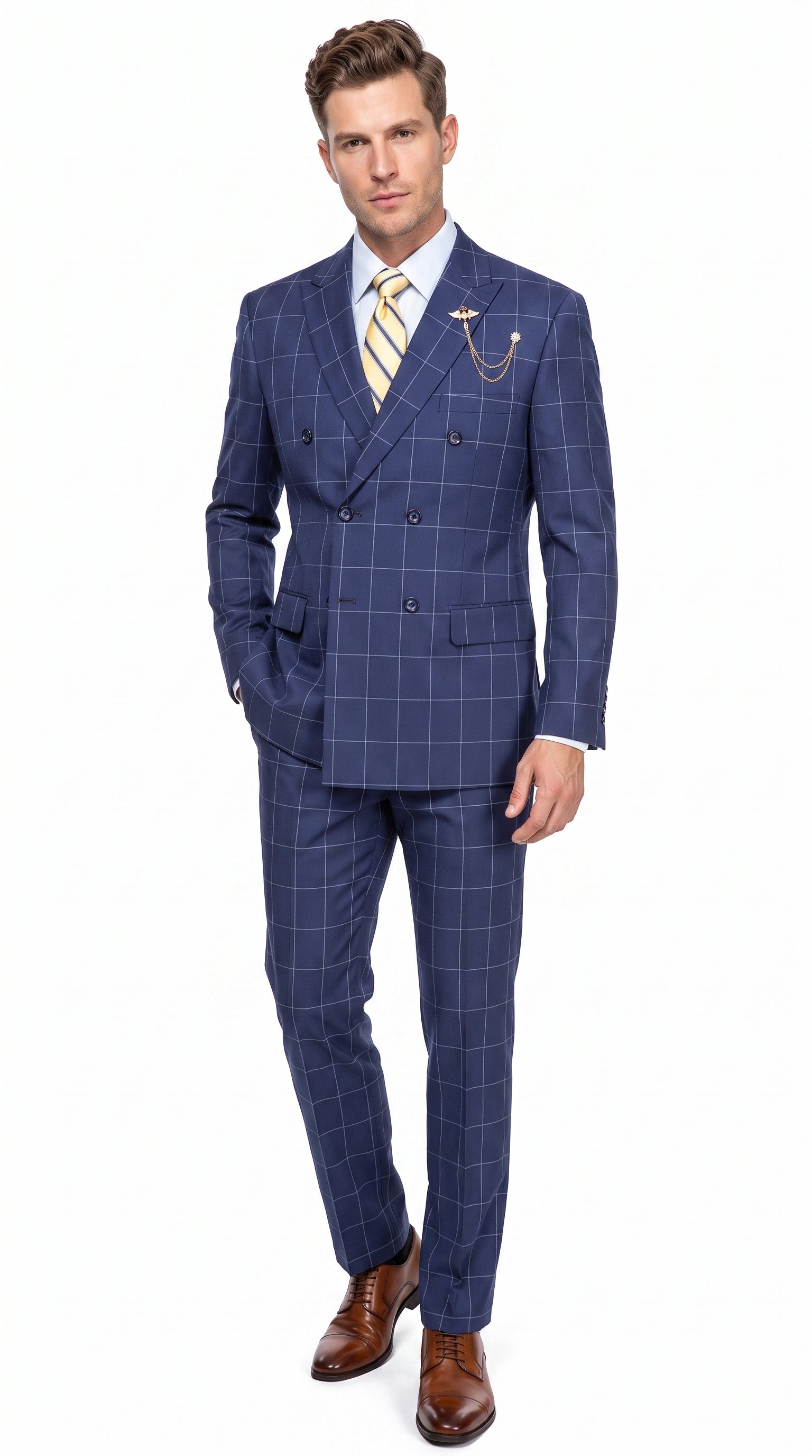 Men’s Blue Plaid Double-Breasted Suit – Side-Vented Wedding, Business and Formal Suit