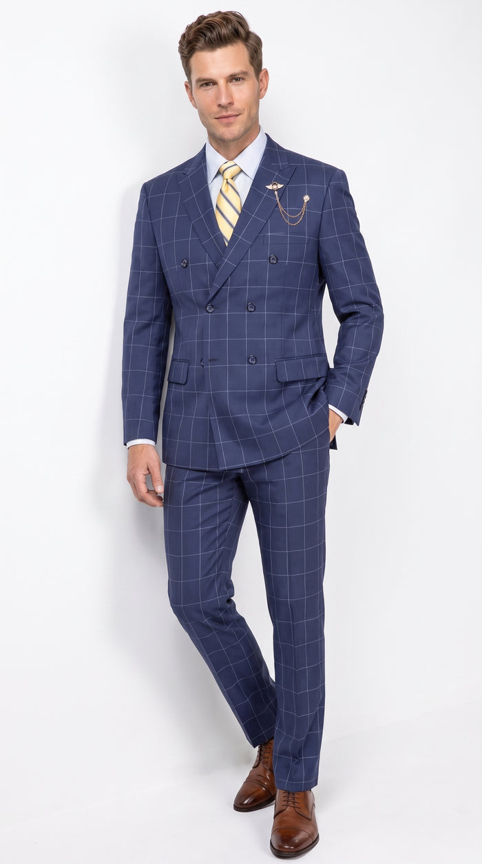 Men’s Blue Plaid Double-Breasted Suit – Side-Vented Wedding, Business and Formal Suit