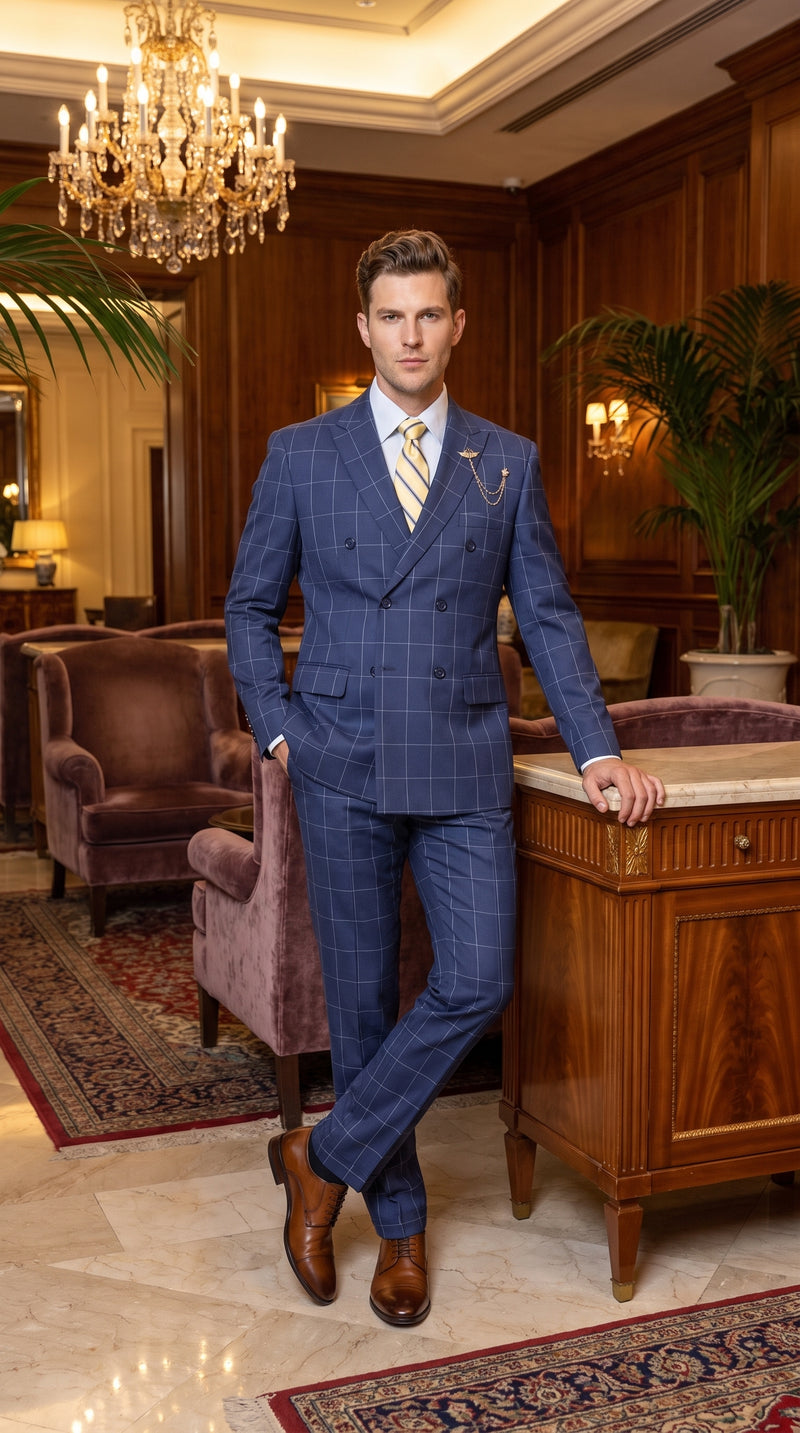 Men’s Blue Plaid Double-Breasted Suit – Side-Vented Wedding, Business and Formal Suit
