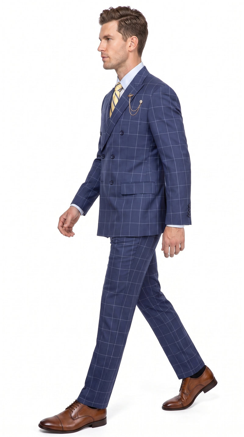 Men’s Blue Plaid Double-Breasted Suit – Side-Vented Wedding, Business and Formal Suit