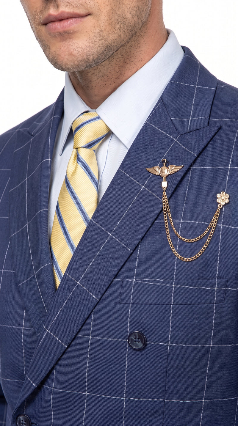 Men’s Blue Plaid Double-Breasted Suit – Side-Vented Wedding, Business and Formal Suit