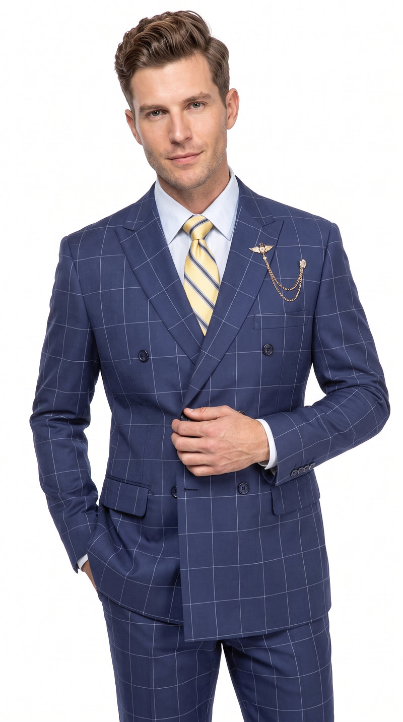 Men’s Blue Plaid Double-Breasted Suit – Side-Vented Wedding, Business and Formal Suit
