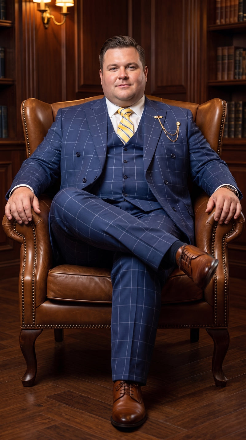 Men’s Blue Plaid Double-Breasted Suit – Side-Vented Wedding, Business and Formal Suit
