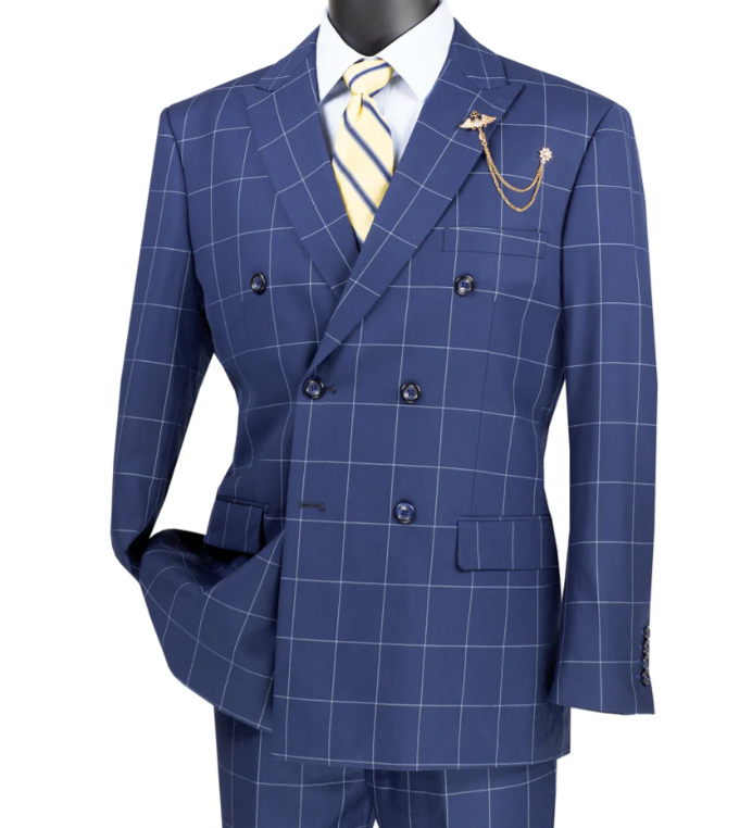 Men’s Blue Plaid Double-Breasted Suit – Side-Vented Wedding, Business and Formal Suit