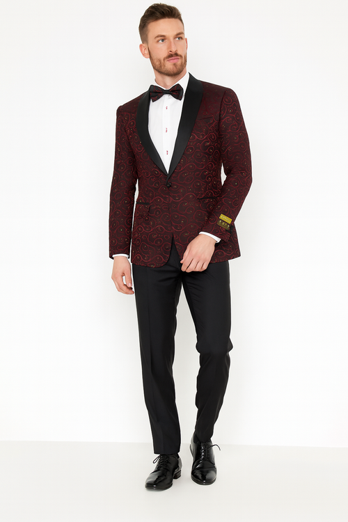 Men's burgundy paisley tuxedo jacket with a slim fit, black satin lapel, and decorative pattern. Includes black bowtie and white dress shirt.
