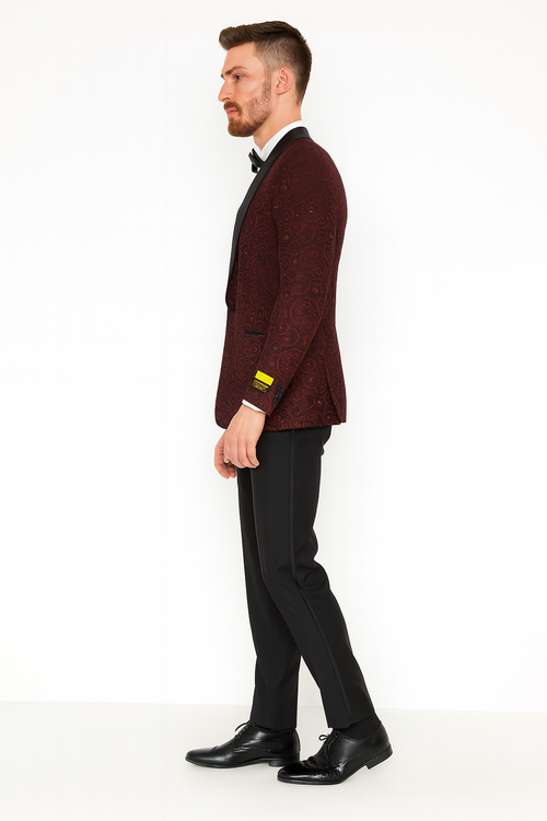Men's burgundy paisley tuxedo jacket with slim fit, black satin lapel, and paisley pattern. Includes a matching bowtie.
