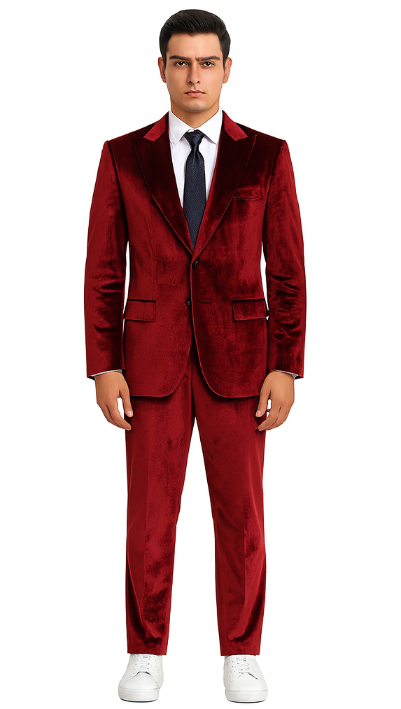 Burgundy velvet men's suit. Slim fit, peak lapel jacket with two pockets. Matching trousers complete the elegant two-piece ensemble.
