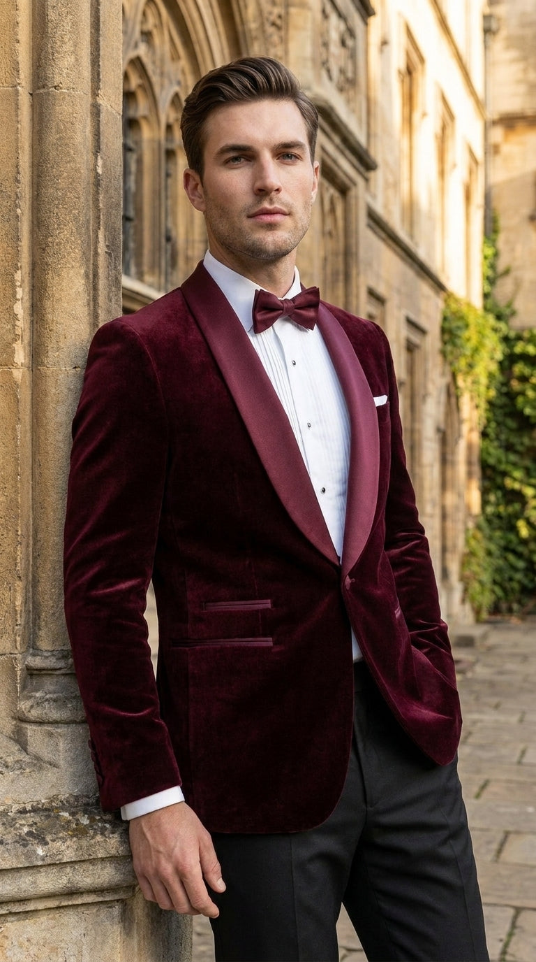 Men's Burgundy with Burgundy Lapel Velvet Dinner Jacket – Shawl Lapel Tuxedo Blazer for Weddings & Formal Events