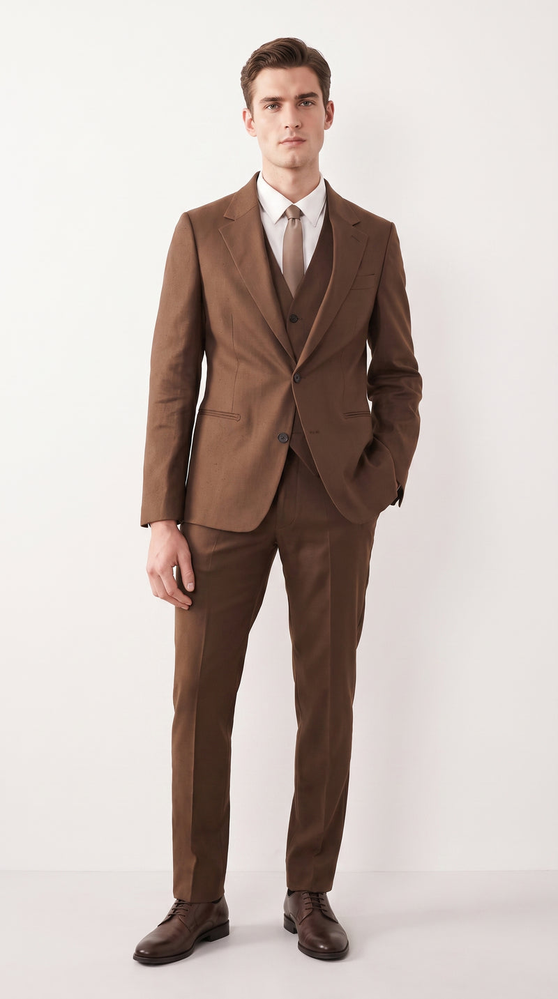 Mens Chestnut Brown 3-Piece Suit – Two-Button Wedding, Business and Formal Suit with Vest Modern Fit