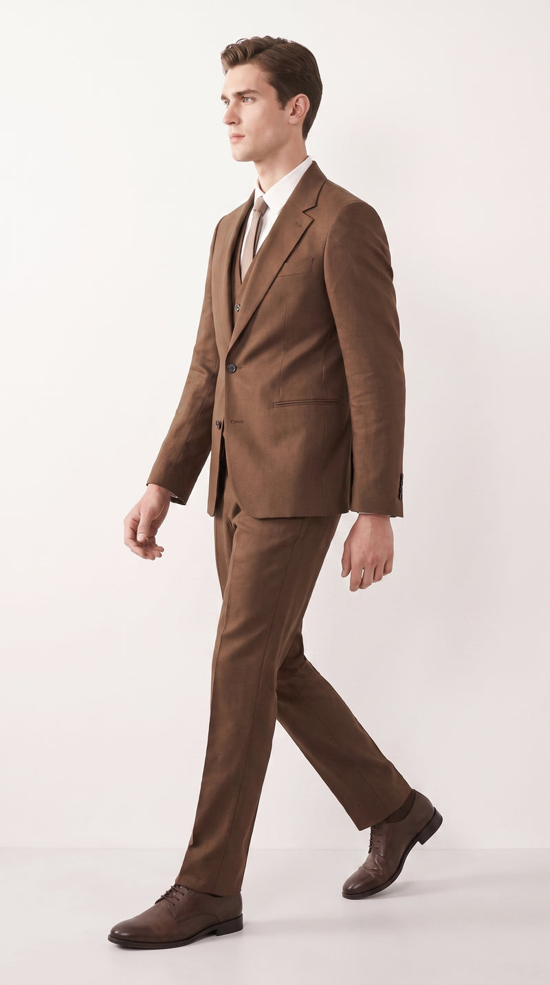 Mens Chestnut Brown 3-Piece Suit – Two-Button Wedding, Business and Formal Suit with Vest Modern Fit